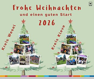 Weihnachtskarte der Kreisgruppe. Tannenbäume, darauf Bilder von Veranstaltungen des Jahres 2025